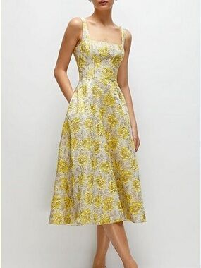 CELINE by Dessy Yellow Gold Cream Floral Midi Bridesmaids Dress with Square Neck